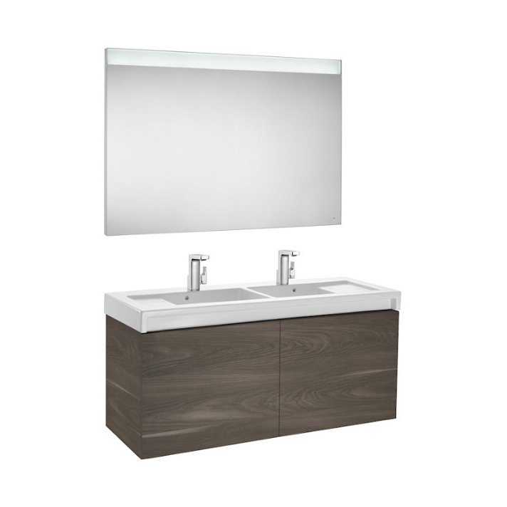 Meuble de salle de bains avec plan vasque double et miroir LED 130 cm Yosemite Stratum Roca