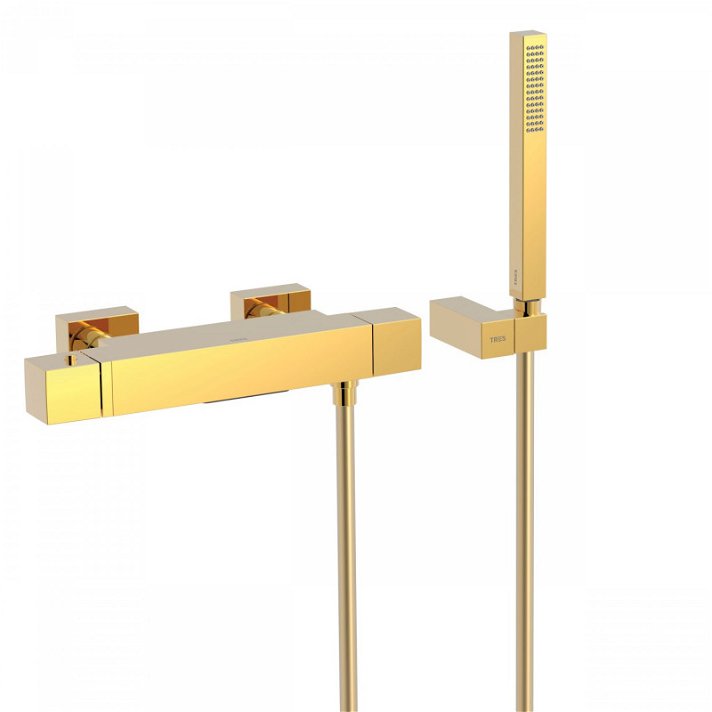 Grifo termostático para bañera y ducha empotable a la pared de acabado oro Cuadro TRES