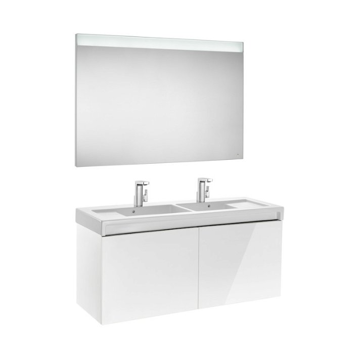 Mueble de baño con lavabo doble y espejo LED 130cm Blanco Brillo Stratum Roca