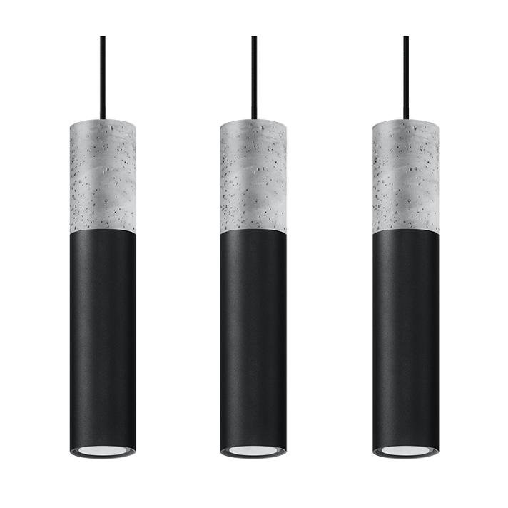 Lámpara colgante con diseño de tres tubos fabricada en acero y hormigón mezclado con yeso Borgio 3 Negro Sollux