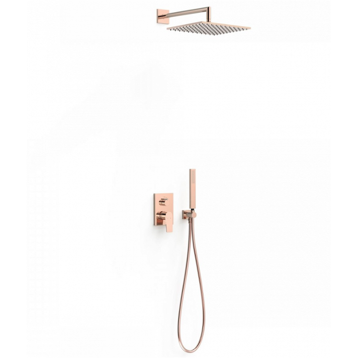 Kit de ducha empotrada de 2 vías con ducha de mano rectangular oro rosa Project TRES
