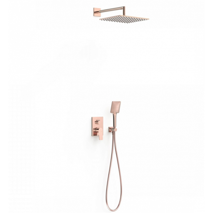 Kit de ducha empotrado de 2 vías con ducha de mano cuadrada oro rosa Project TRES