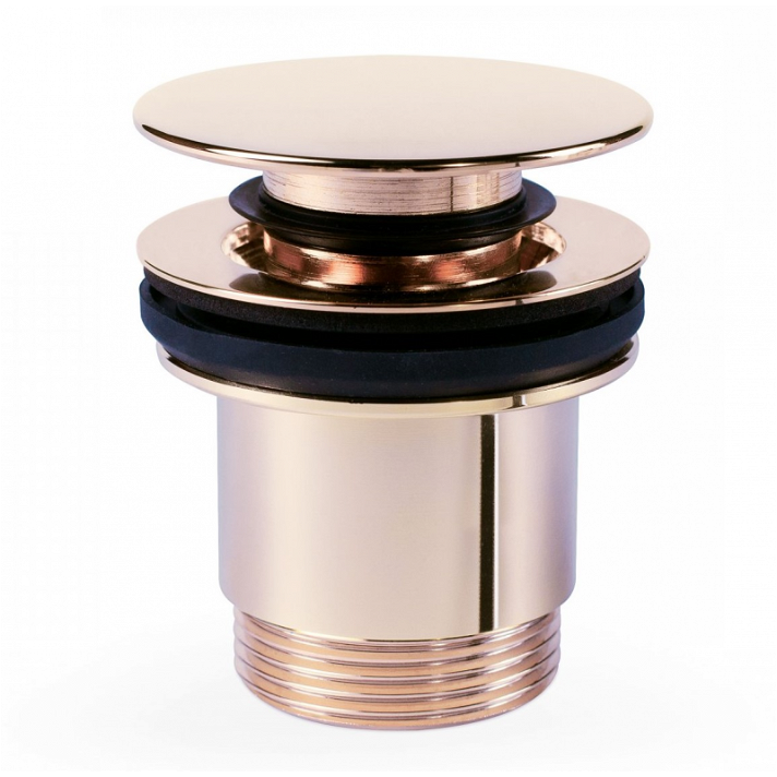 Válvula de desagüe para lavabo con sistema click clack fabricado de latón con acabado de color oro rosa TRES