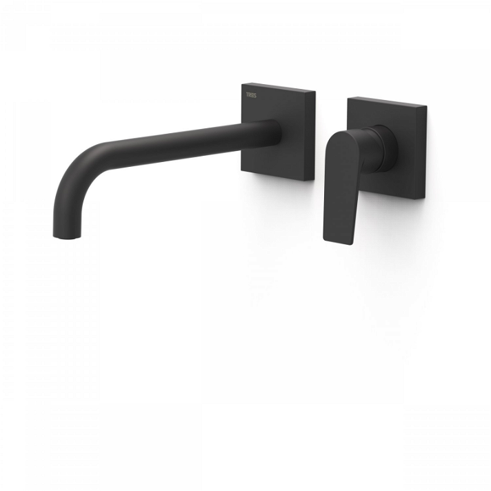 Grifo monomando de lavabo para empotrar con caño curvo de 24 cm fabricado de latón en color negro Project TRES