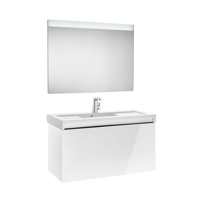 Mueble de baño con lavabo y espejo LED 110cm Blanco Brillo Stratum Roca