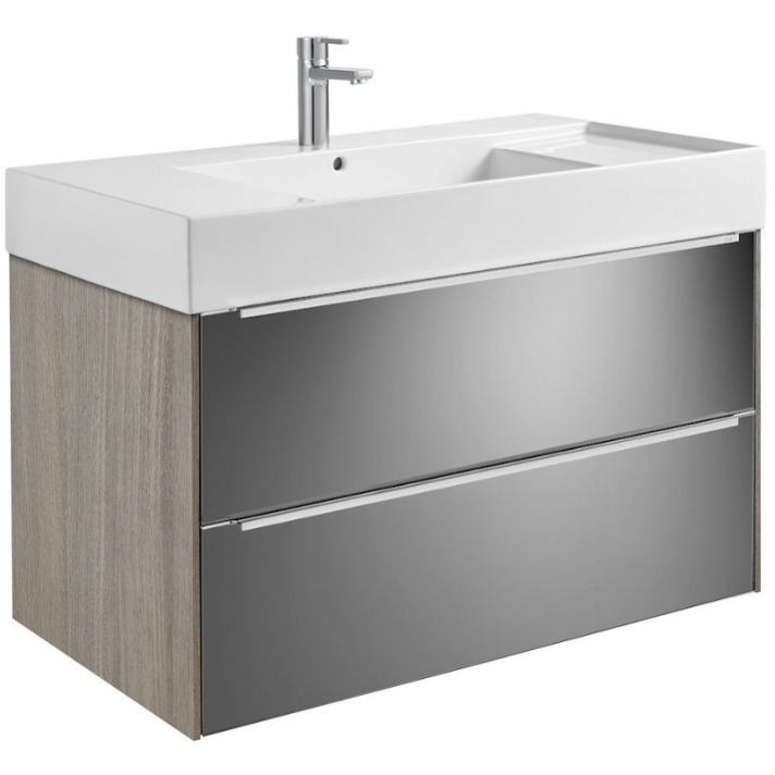 Mobile da bagno con lavabo e due cassetti di 100 cm di larghezza colore rovere e specchio dark mirror Inspira Roca