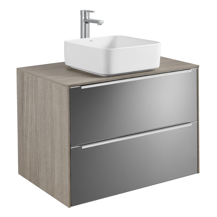 Mobile da bagno con lavabo soprapiano di 80 cm di larghezza colore rovere e dark mirror Inspira Square Roca