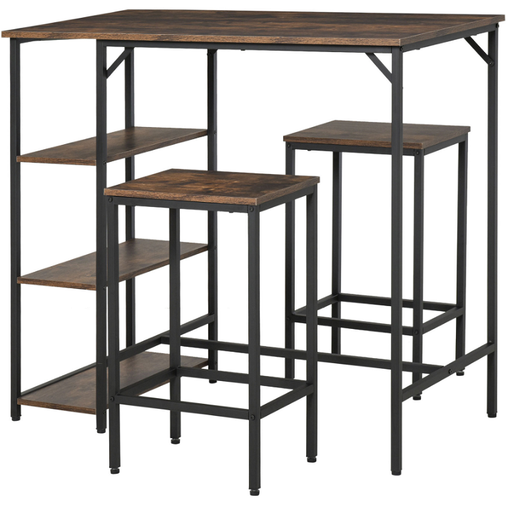Conjunto de 1 mesa alta y 2 taburetes fabricados con metal negro y melamina HomCom