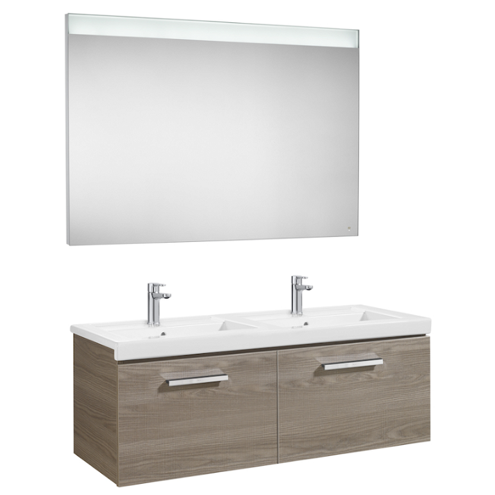 Mueble con doble lavabo y luz LED integrada de baño de 120 cm de color fresno Prisma Roca
