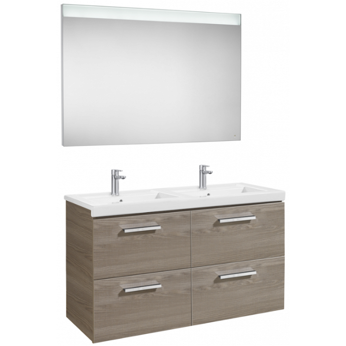 Meuble avec plan double vasque et miroir de salle de bains de 120 cm couleur frêne Prisma Roca