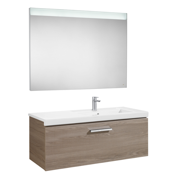 Meuble de salle de bains avec plan vasque et rebord de 110 cm couleur frêne et blanc Pack Prisma Roca