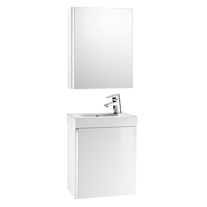 Conjunto de casa de banho de 45 cm com armário de duas estantes de cor branca Mini Roca