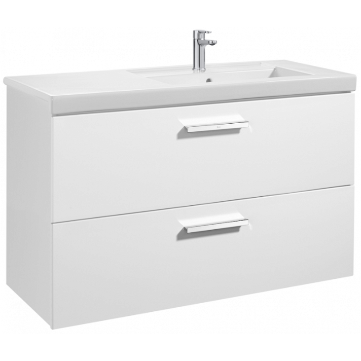 Mobiletto da bagno con lavabo a destra e 2 cassetti largo 110 cm in bianco lucido Unik Prisma Roca
