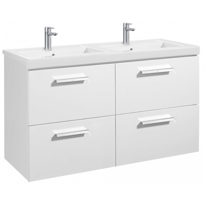 Meuble de salle de bains plan double vasque et 4 tiroirs de 120 cm blanc brillant Unik Prisma Roca