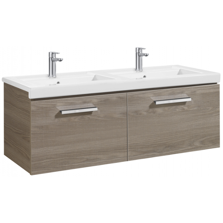 Meuble de salle de bains avec plan vasque double et 2 tiroirs de 120 cm frêne Unik Prisma Roca