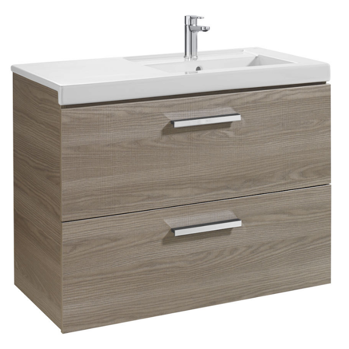Mueble de baño con lavabo derecho y 2 cajones de 90 cm de ancho color fresno Unik Prisma Roca