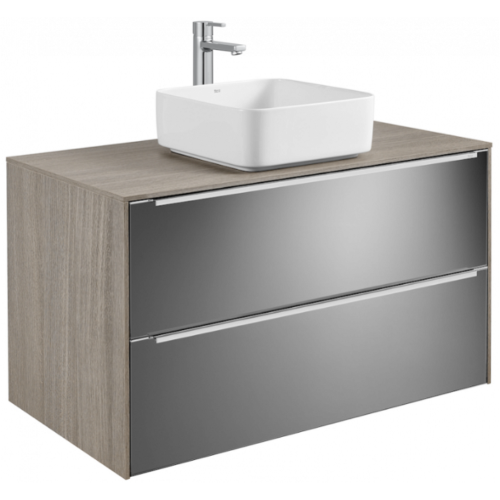 Meuble de salle de bains avec plan vasque et 2 tiroirs de 100 cm miroir fumé Inspira Soft Roca