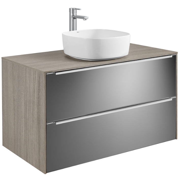 Meuble de salle de bains avec plan vasque et deux tiroirs de 100 cm couleur miroir fumé Inspira Round Roca