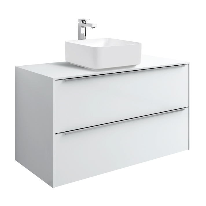 Móvel de casa de banho com lavatório sobre bancada e 2 gavetas de 100 cm de largura de cor branco Inspira Soft Roca