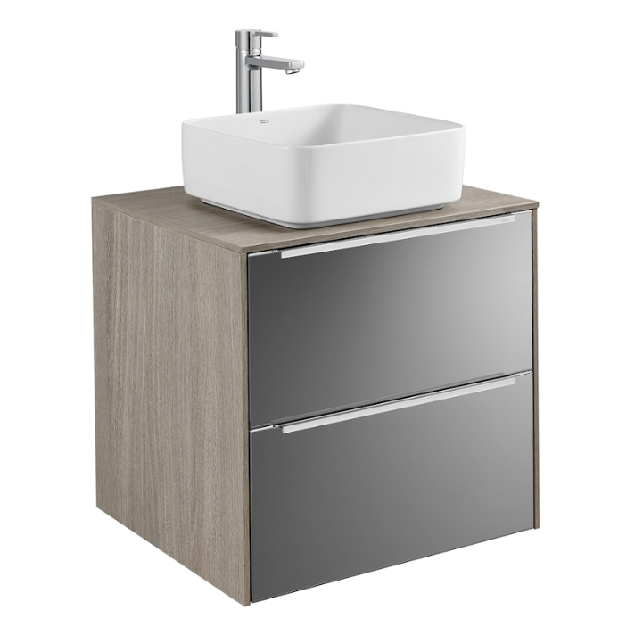 Mueble de baño con lavabo sobre encimera y 2 cajones de 60 cm de ancho color espejo fumato Inspira Square Roca