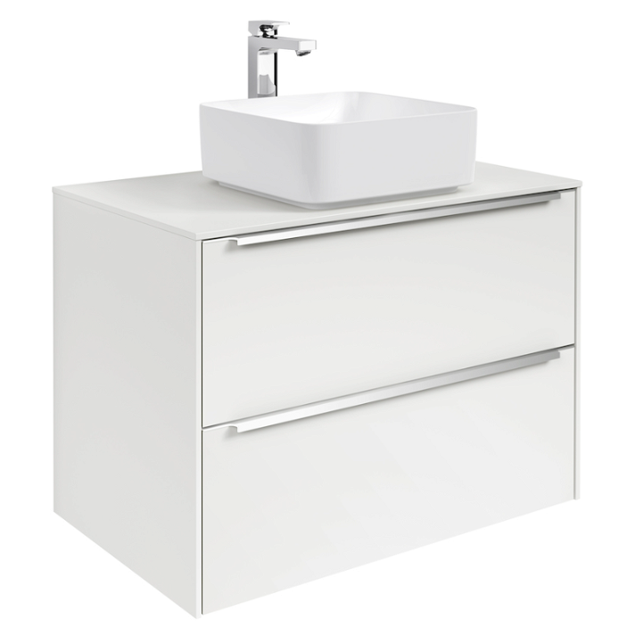 Móvel de casa de banho com lavatório sobre bancada e 2 gavetas de 80 cm de largura de cor branco Inspira Soft Roca