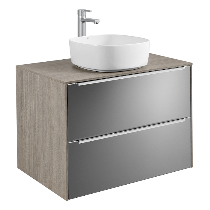 Mueble de baño con lavabo sobre encimera y 2 cajones de 80 cm de ancho color espejo fumato Inspira Soft Roca