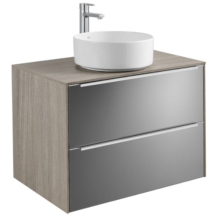 Mobiletto da bagno largo 80 cm con lavabo e 2 cassetti in colore fumé specchiato Inspira Round Roca