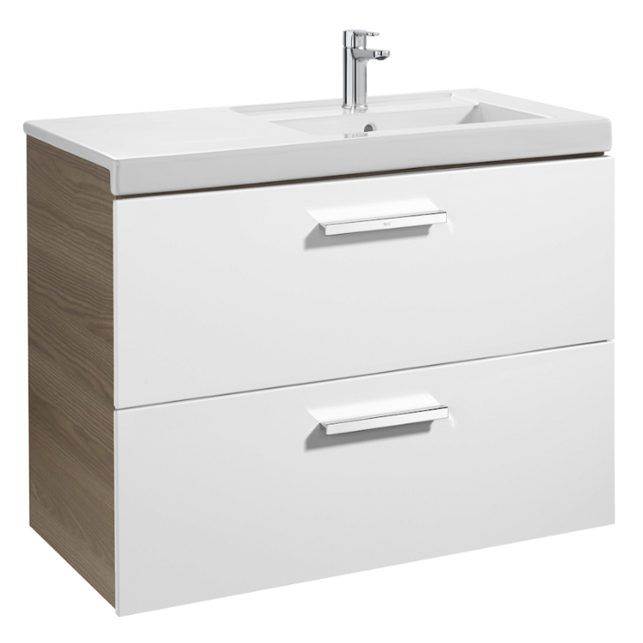 Meuble de salle de bains avec plan vasque et 2 tiroirs de 90 cm blanc-frêne Unik Prisma Roca