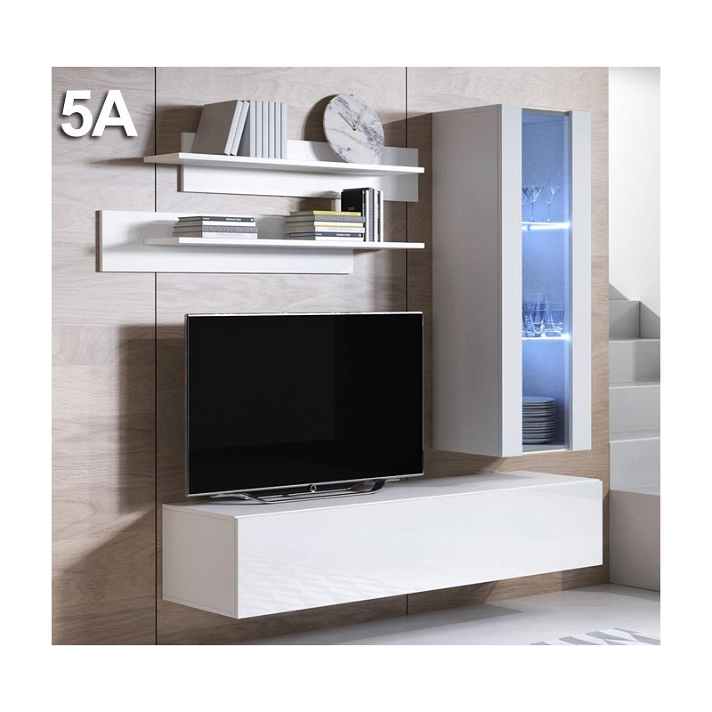 Conjunto de mueble con vitrina y mueble de TV de 160cm melamina blanca brillante Leiko Domensino