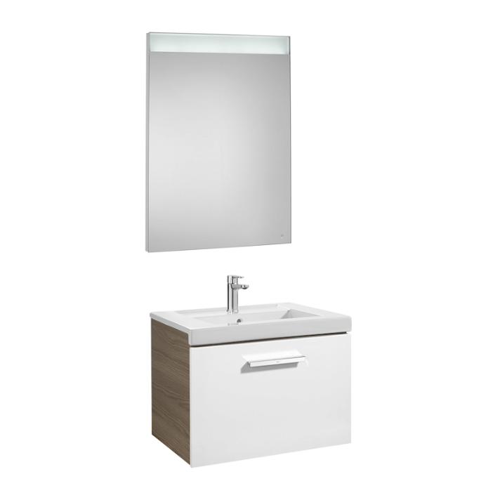 Conjunto de baño de 60 cm con espejo LED de color blanco-fresno Pack Prisma Roca