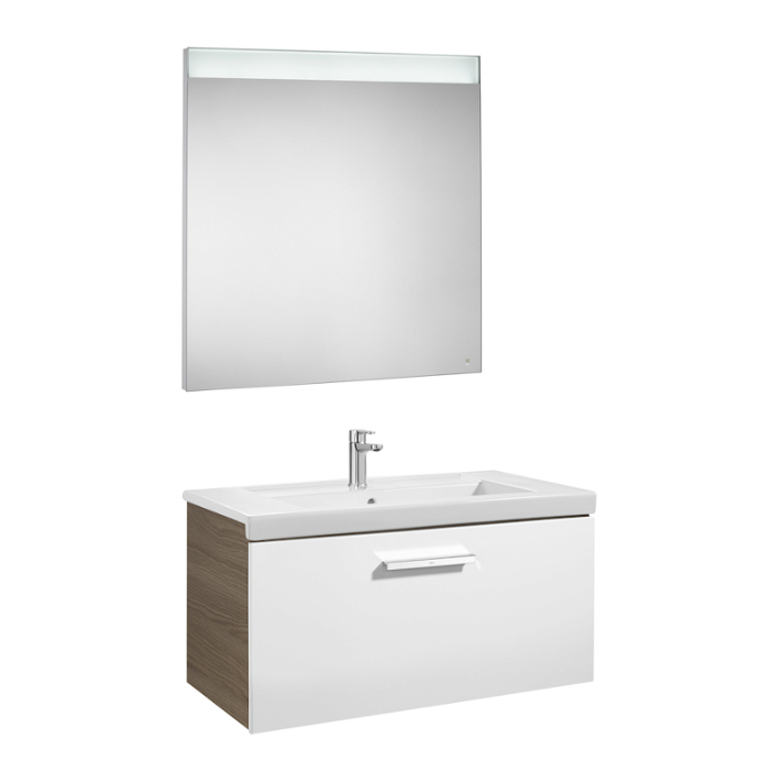 Conjunto de baño de 80 cm con espejo LED de color blanco-fresno Pack Prisma Roca
