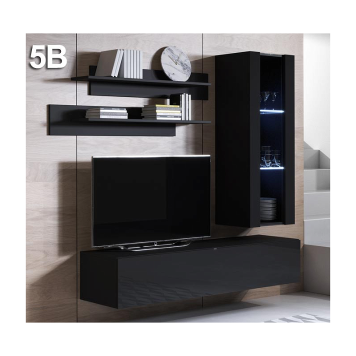 Conjunto de mueble con vitrina y mueble de TV de 160cm melamina negra brillante Leiko Domensino