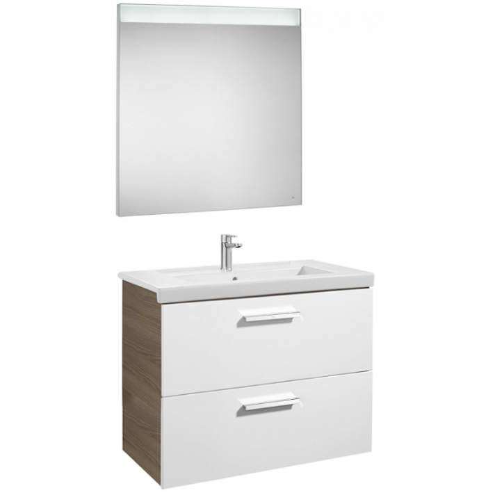 Conjunto de baño de 80 cm con dos cajones y espejo LED Blanco-Fresno Pack Prisma Roca