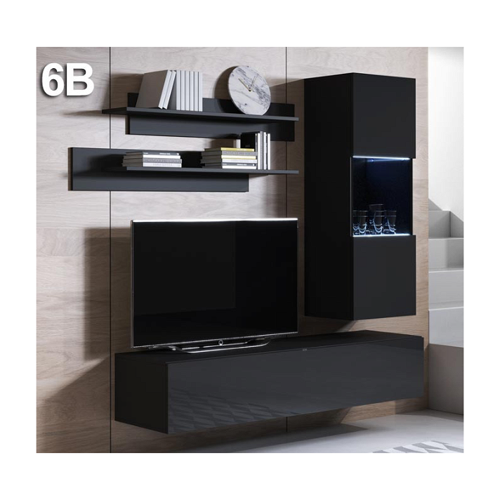 Conjunto de mueble con vitrina de 126cm y mueble de TV de 160cm melamina negra brillante Leiko Domensino