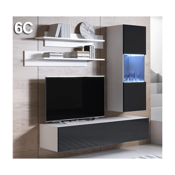 Conjunto de muebles con vitrina y mueble de TV de 160cm melamina blanco y negro brillante Leiko Domensino
