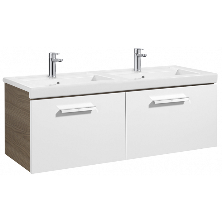 Mueble de baño con lavabo doble y 2 cajones de 120 cm de ancho color blanco-fresno Unik Prisma Roca