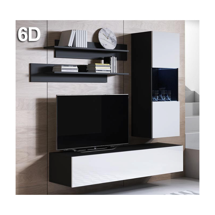 Conjunto de muebles con vitrina y mueble de TV de melamina negra y blanca brillante Leiko Domensino