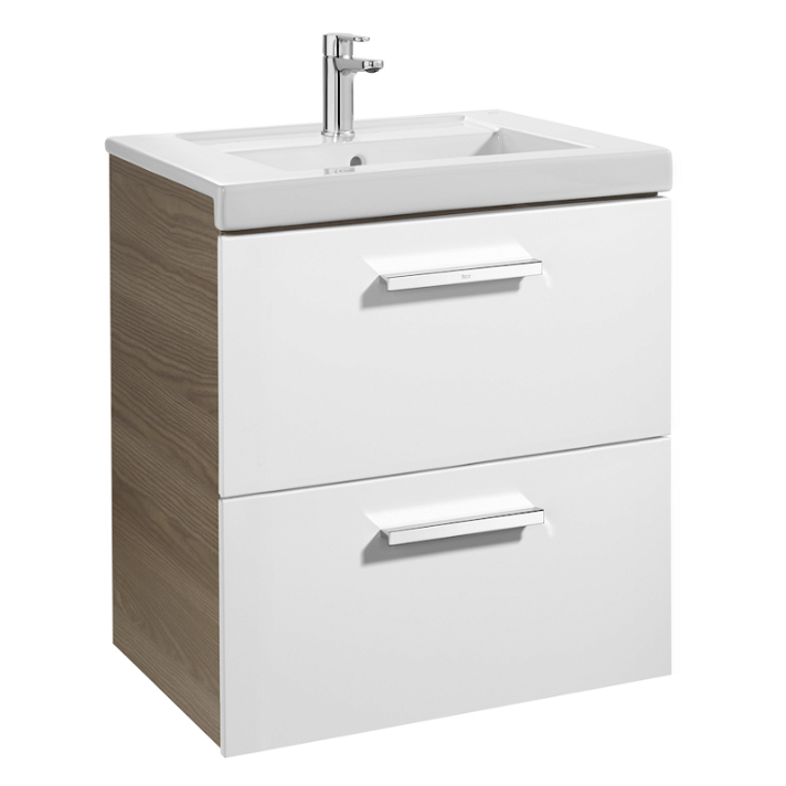 Meuble de salle de bains avec plan vasque et 2 tiroirs de 60 cm blanc-frêne Unik Prisma Roca