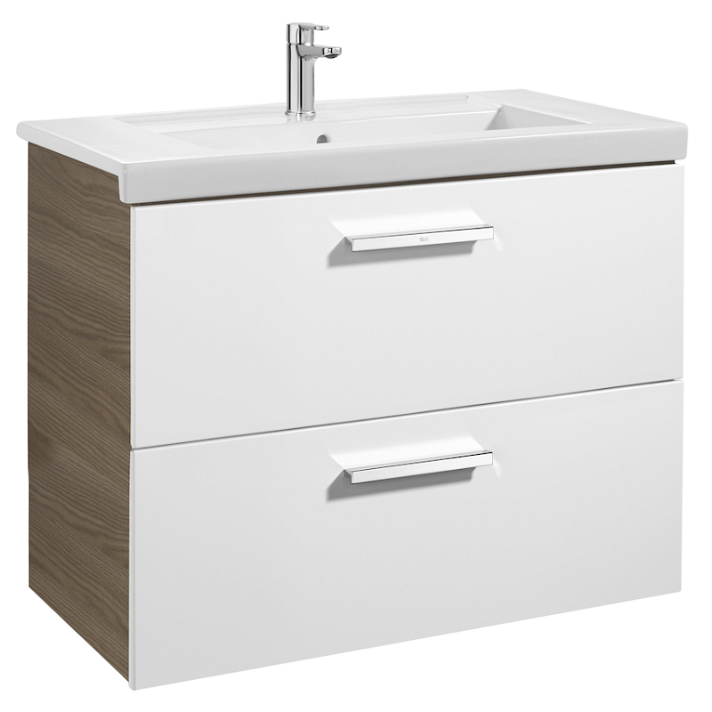Meuble de salle de bains avec plan vasque et 2 tiroirs de 80 cm blanc-frêne Unik Prisma Roca