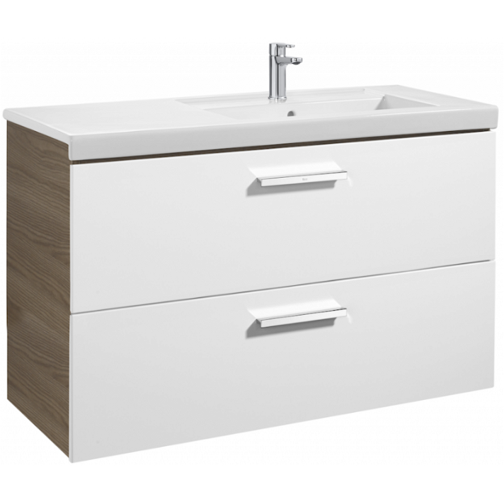 Mobiletto da bagno con lavabo e 2 cassetti largo 110 cm in colore bianco e frassino Unik Prisma Roca