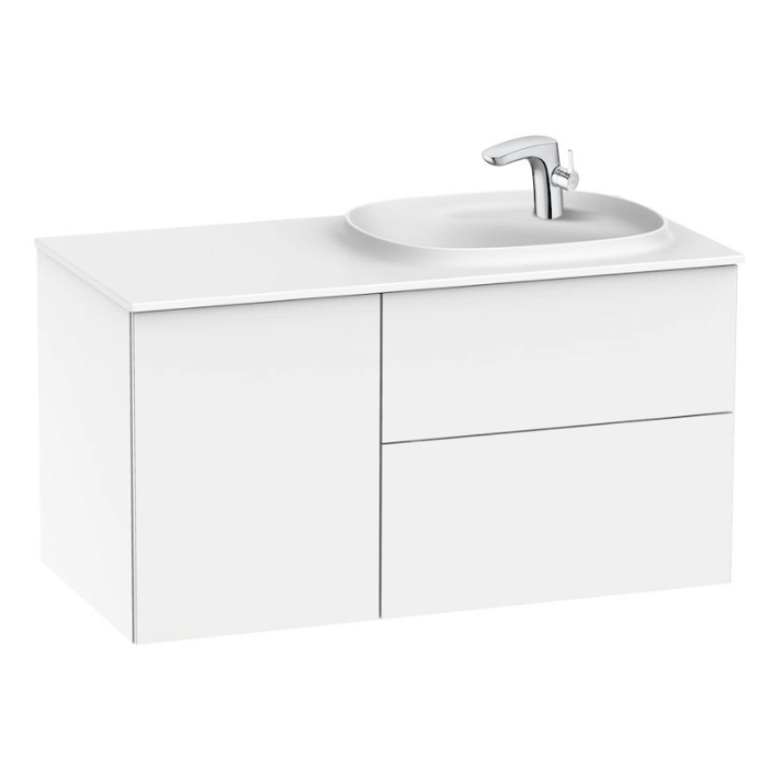 Mobiletto da bagno con lavabo a destra largo 100 cm con 2 cassetti e un'anta in bianco lucido Unik Beyond Roca