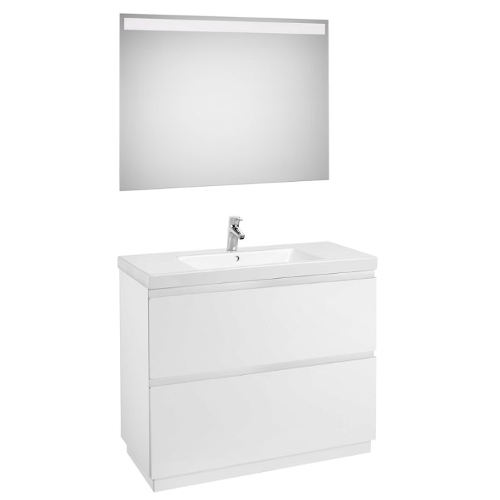 Conjunto de baño de madera aglomerada con espejo LED y lavabo en acabado color blanco brillo Lander Roca