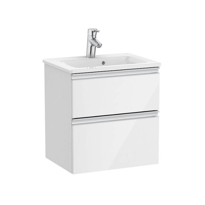 Kompakter Badezimmerunterschrank mit 2 Schubladen und Waschbecken in Hochglanz Weiß 50 cm Unik The Gap Roca