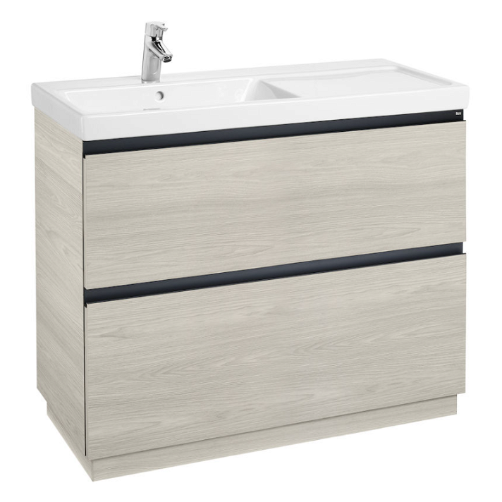 Meuble de salle de bains de 100 cm avec bac à gauche et 2 tiroirs couleur frêne nordique Unik Lander Roca