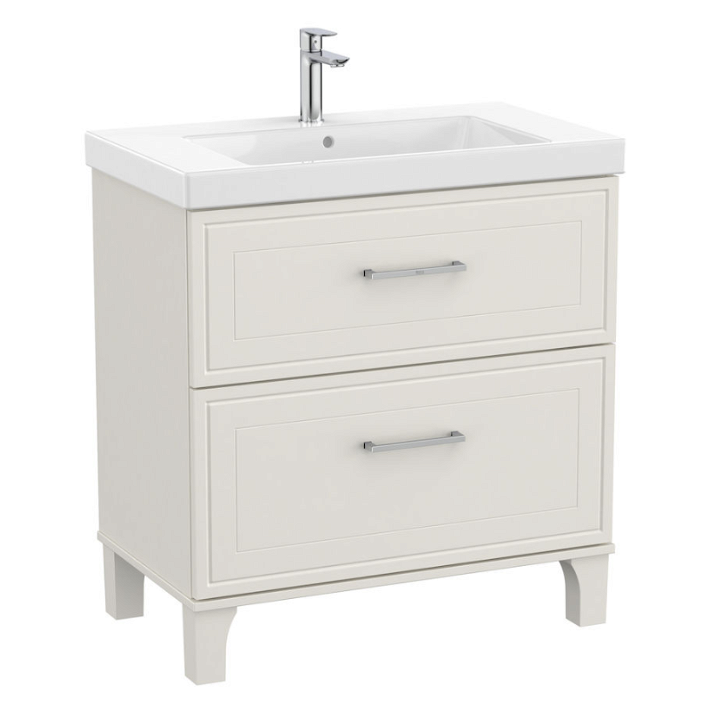 Mueble de baño con lavabo y 2 cajones de 80 cm de ancho con patas de color blanco mate Unik Romea Roca