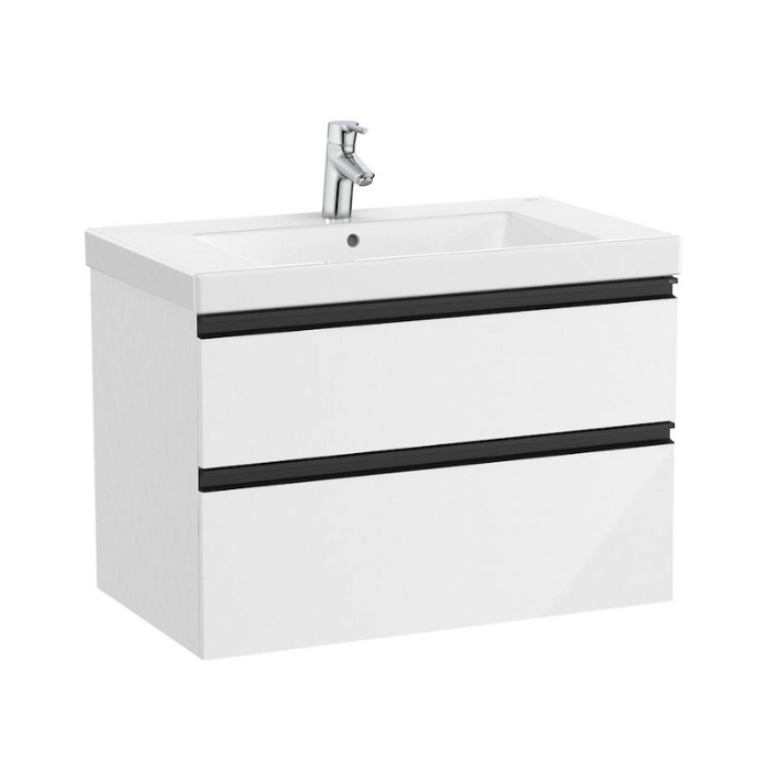 Meuble de salle de bains avec plan vasque et 2 tiroirs de 80 cm blanc brillant Unik Domi Roca