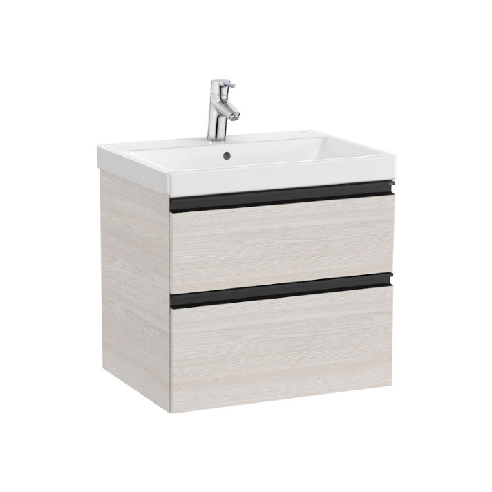 Meuble de salle de bains avec plan vasque et 2 tiroirs de 60 cm couleur frêne nordique Unik Domi Roca