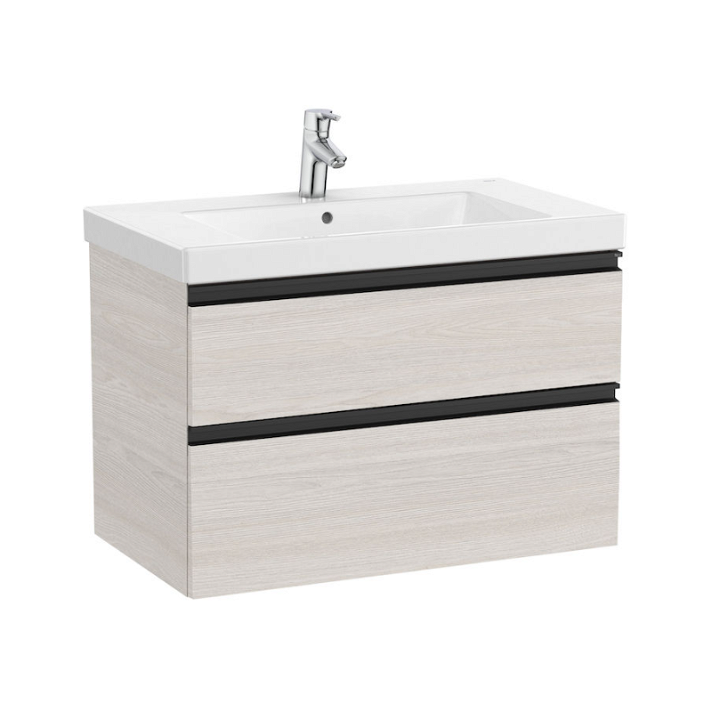 Meuble de salle de bains avec plan vasque et 2 tiroirs de 80 cm couleur frêne nordique Unik Domi Roca
