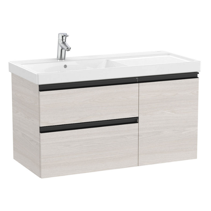 Mueble de baño con lavabo izquierdo de 100 cm formado por 2 cajones y 1 puerta de color fresno nórdico Unik Domi Roca