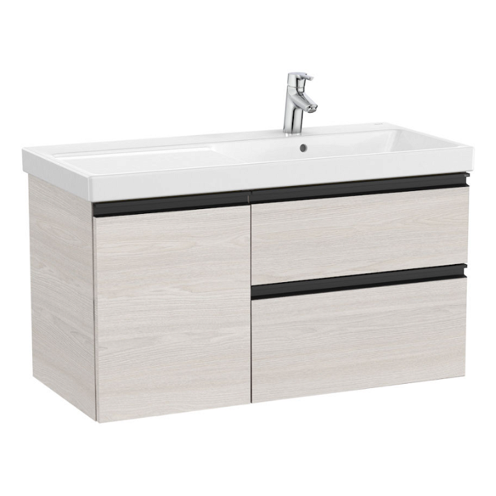 Mueble de baño con lavabo derecho de 100 cm formado por 2 cajones y 1 puerta color fresno nórdico Unik Domi Roca